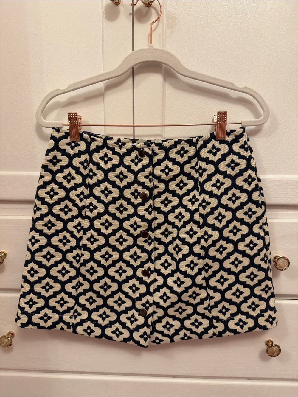Top Shop Navy and White Patterned Mini Skirt with Buttons